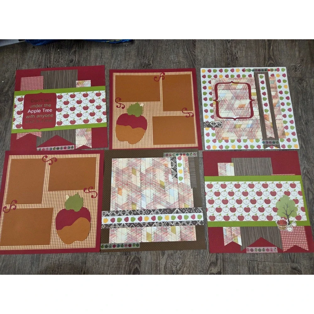 Scrapbooking Pre-Made Pages Just Add Pictures Apples Brown Red Green Set of 6
